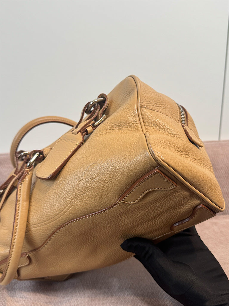 Prada Canapa Logo Vitello Daino Shoulder Bag Beige Silver Hardware