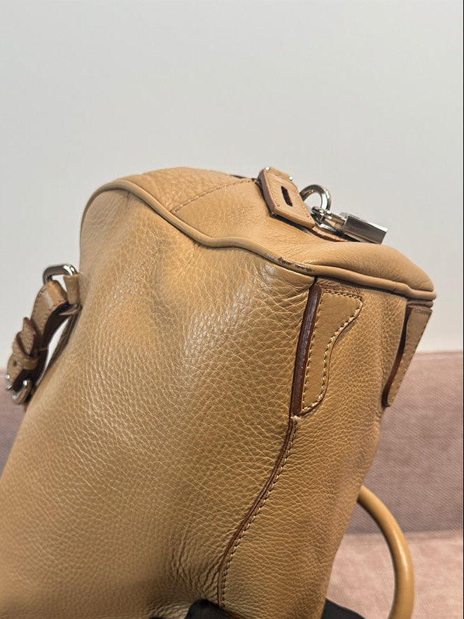 Prada Canapa Logo Vitello Daino Shoulder Bag Beige Silver Hardware