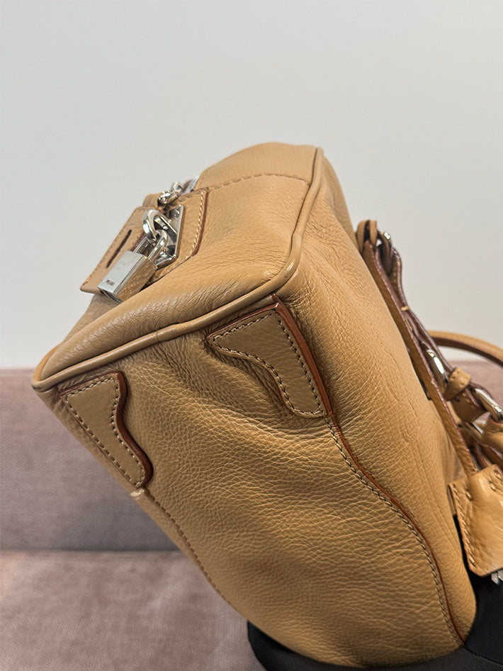 Prada Canapa Logo Vitello Daino Shoulder Bag Beige Silver Hardware