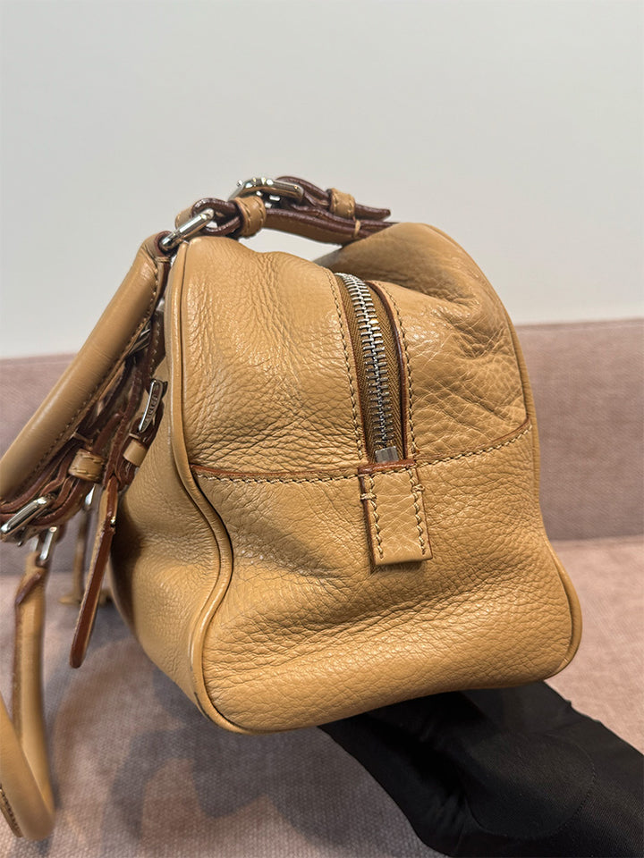 Prada Canapa Logo Vitello Daino Shoulder Bag Beige Silver Hardware