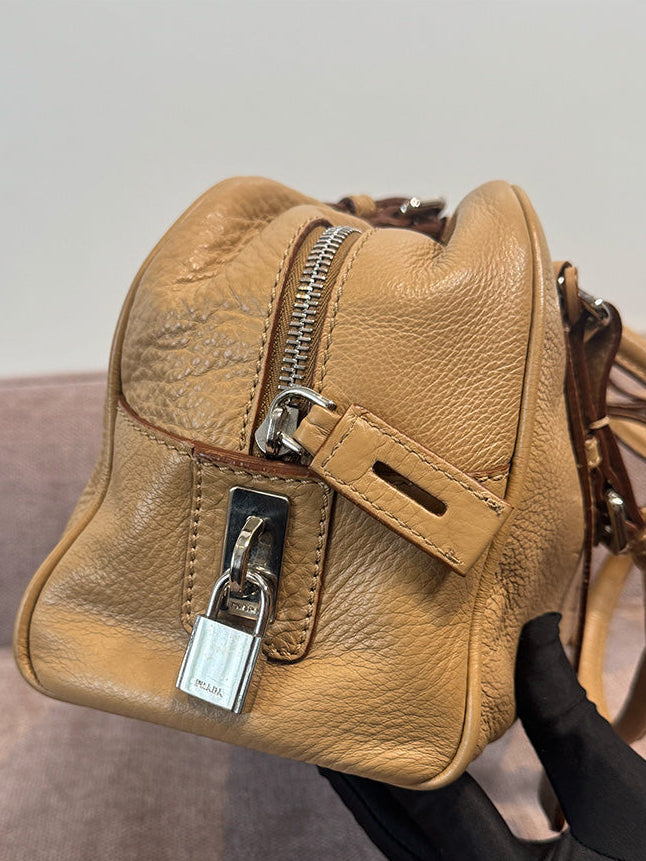 Prada Canapa Logo Vitello Daino Shoulder Bag Beige Silver Hardware