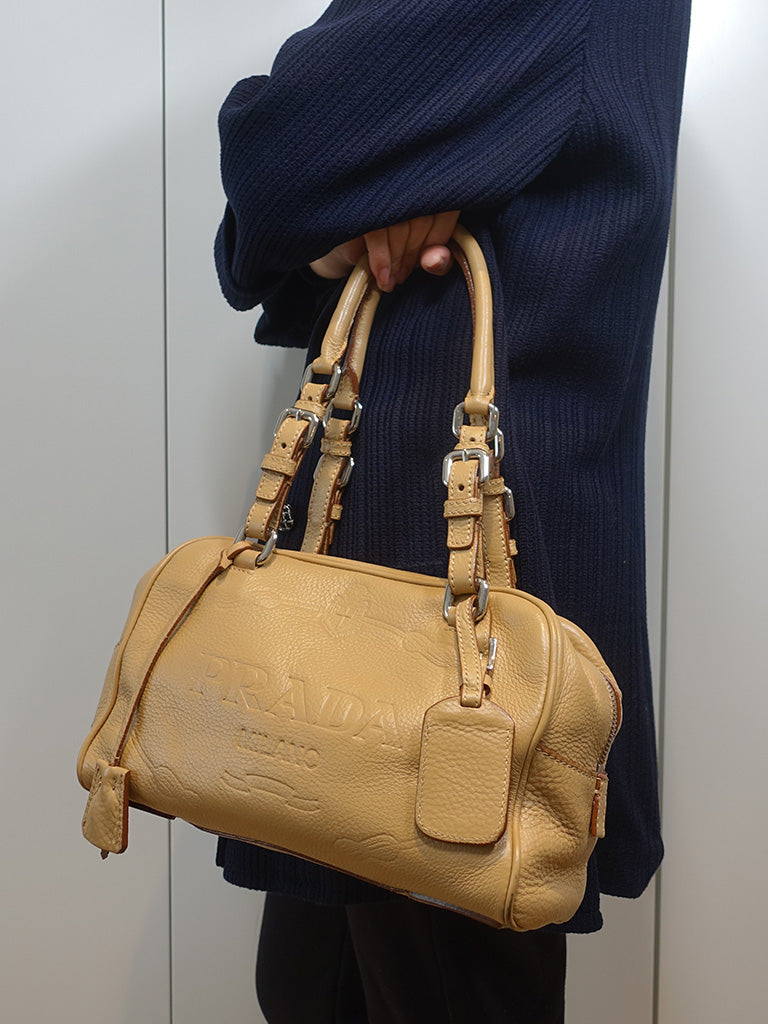 Prada Canapa Logo Vitello Daino Shoulder Bag Beige Silver Hardware