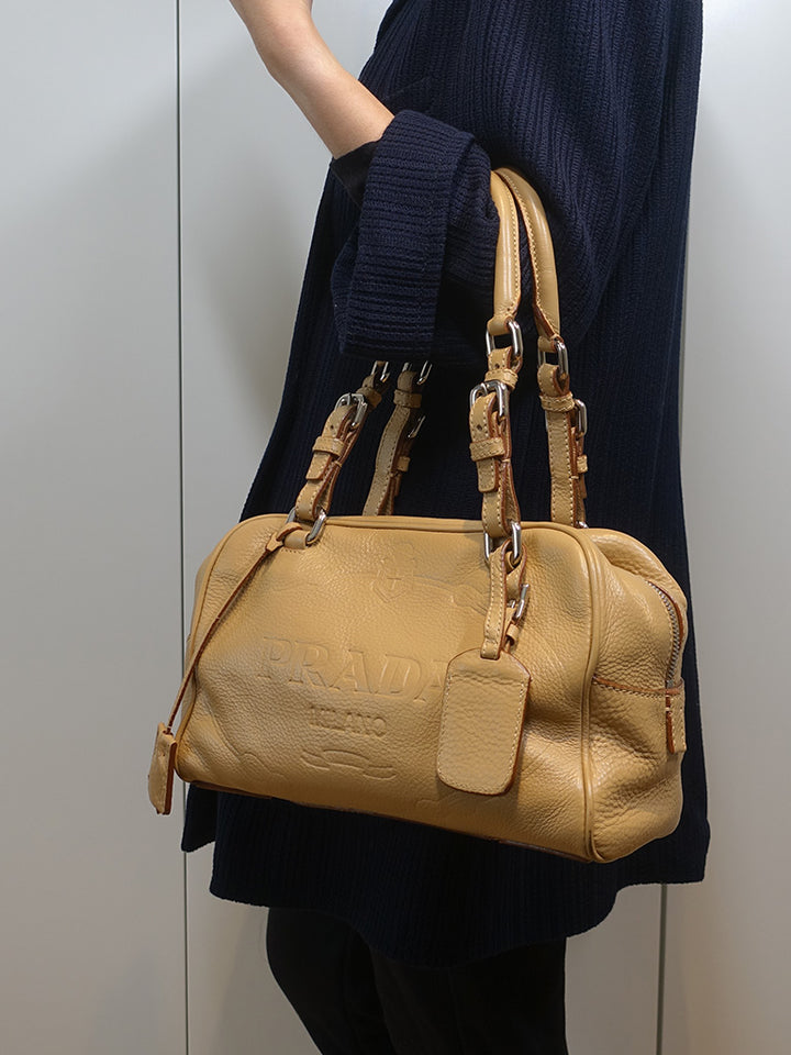 Prada Canapa Logo Vitello Daino Shoulder Bag Beige Silver Hardware