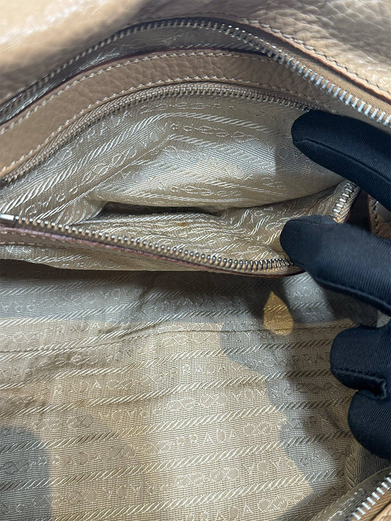 Prada Canapa Logo Vitello Daino Shoulder Bag Beige Silver Hardware