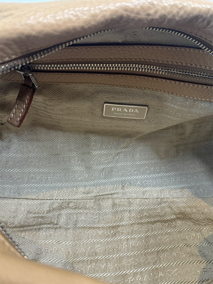 Prada Canapa Logo Vitello Daino Shoulder Bag Beige Silver Hardware