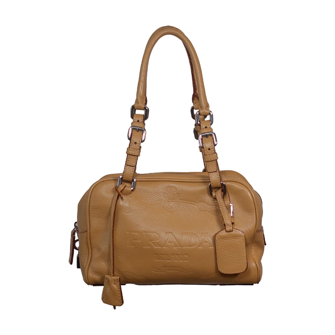 Prada Canapa Logo Vitello Daino Shoulder Bag Beige Silver Hardware