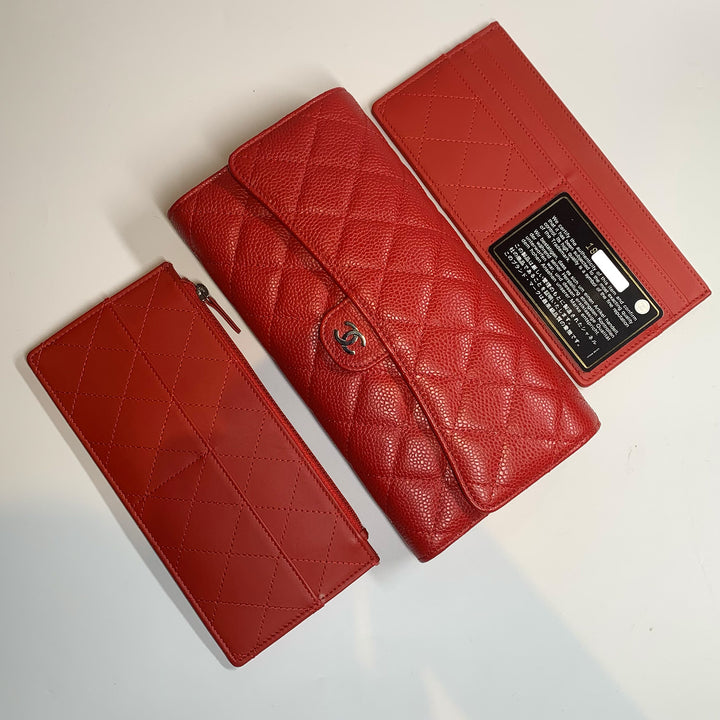 Chanel Travel Wallet in Red Caviar Quilted with Coin Pouch and Card Holder