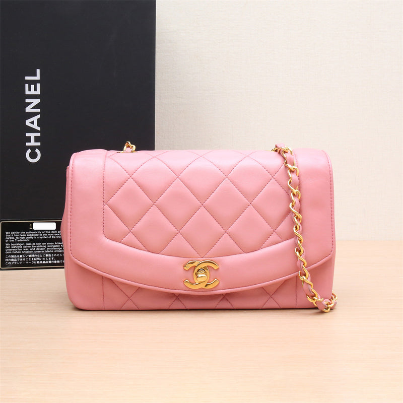 Chanel Vintage *Rare* Pink Lambskin Leather Diana Bag Gold