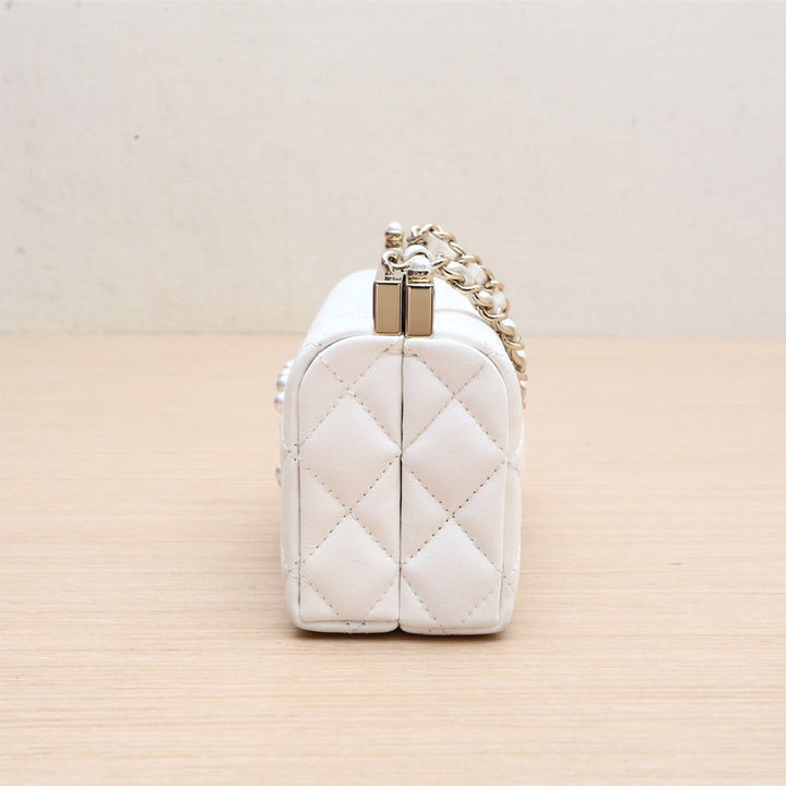 Chanel Quilted Lambskin Pearl CC Frame Clutch with Chain