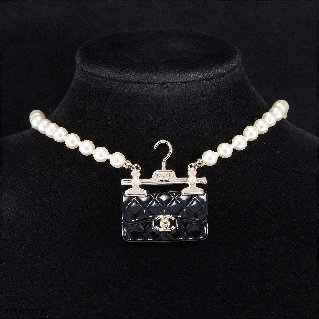 Chanel Pearl Metal Resin Quilted Flap Bag Necklace Gold Black Pearly White