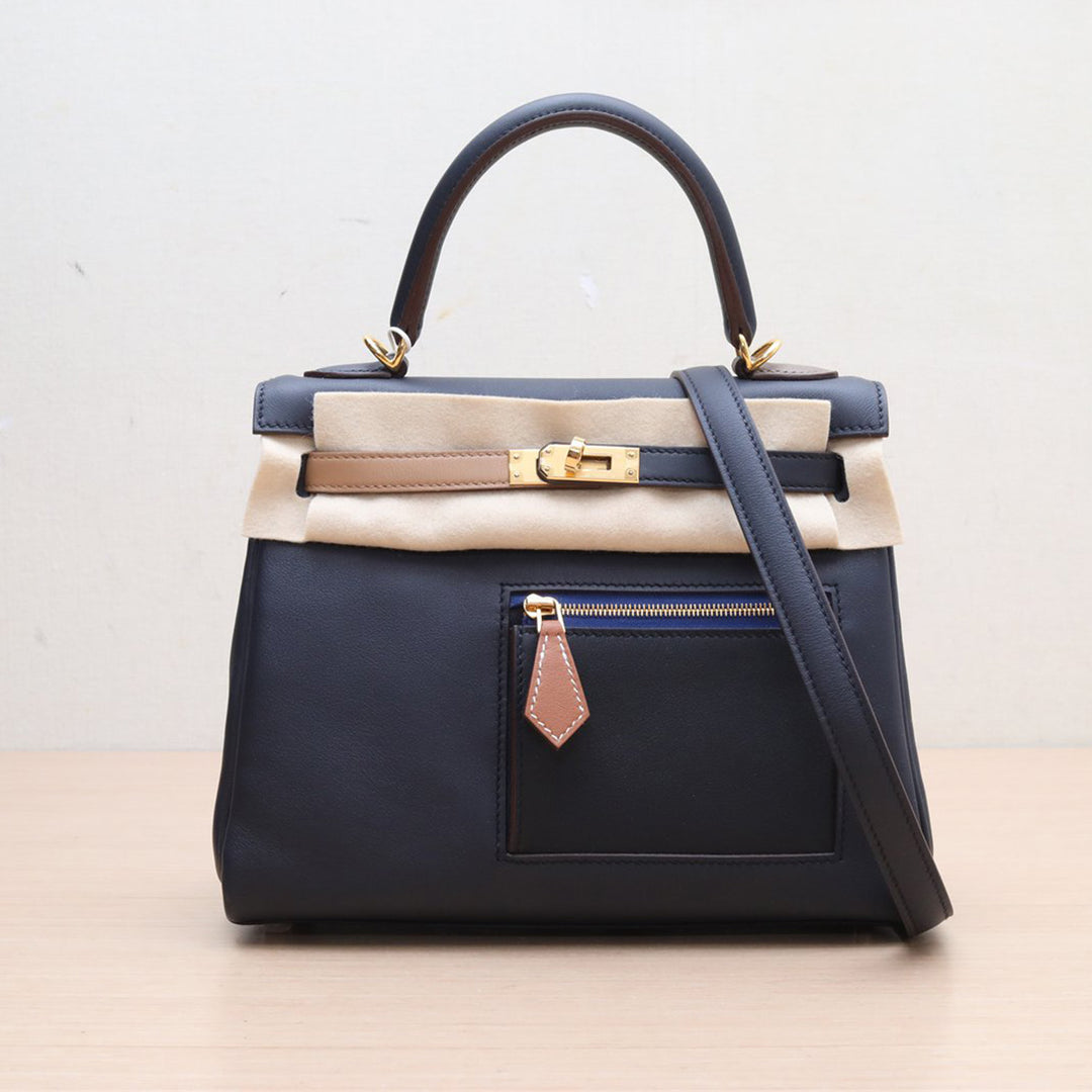 Hermes Kelly 25 Colormatic Blue 89 Black Chai Gold Swift Leather Gold Hardware Stamp U