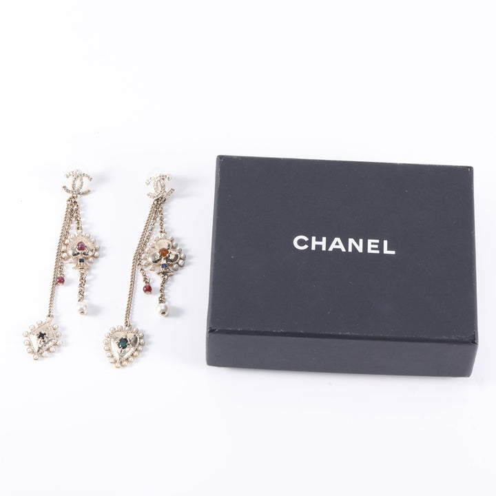 Chanel Dangle Earrings With Diamond Heart Club Spades Shape Faux Pearl