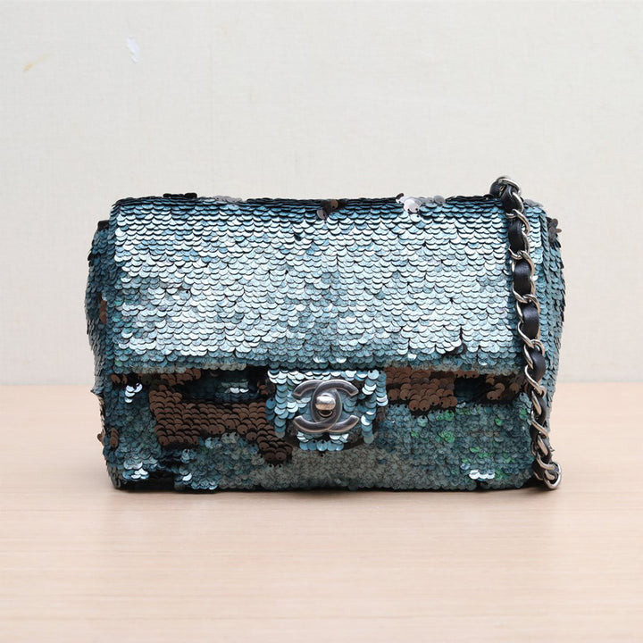 Chanel Sequin Lambskin Mini Flap Blue Black With Silver Hardware