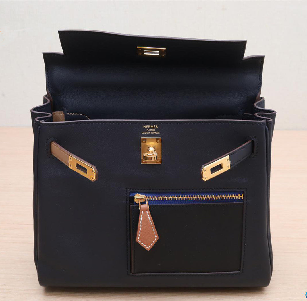 Hermes Kelly 25 Colormatic Blue 89 Black Chai Gold Swift Leather Gold Hardware Stamp U