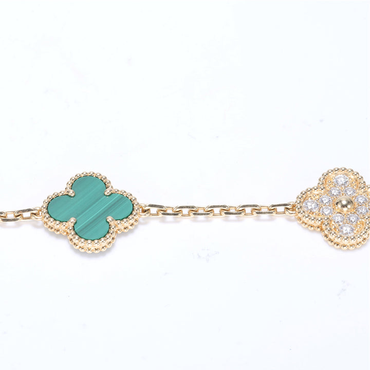 Van Cleef & Arpels 5 Motif Vintage Alhambra Diamond Malachite Bracelet Yellow Gold Bracelet