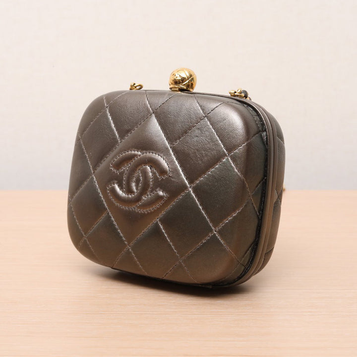 Chanel Metallic Grey Quilted Lambskin Timeless Square Clutch on Chain Gold Hardware