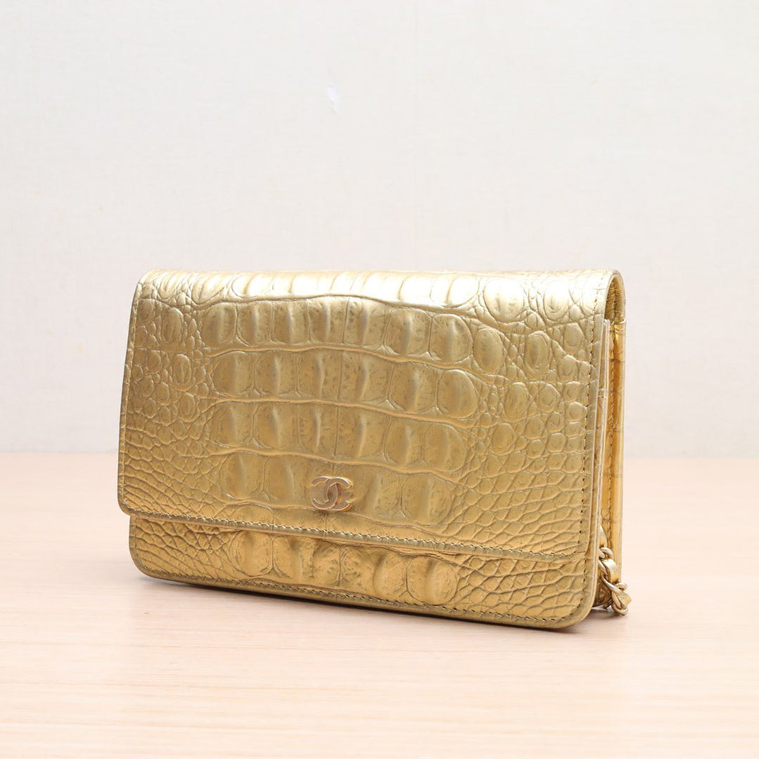 Chanel Metallic Calfskin Crocodile Embossed Wallet On Chain WOC Gold