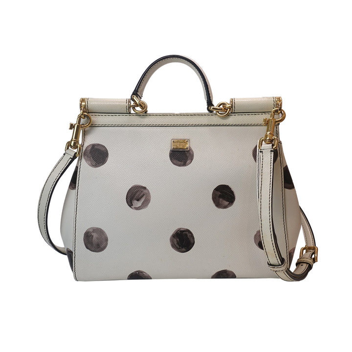 Dolce & Gabbana Medium Miss Sicily In White Black Polka Dot Leather Top Handle Bag