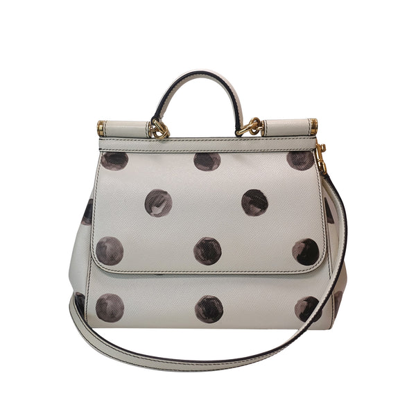 Dolce & Gabbana Medium Miss Sicily In White Black Polka Dot Leather Top Handle Bag