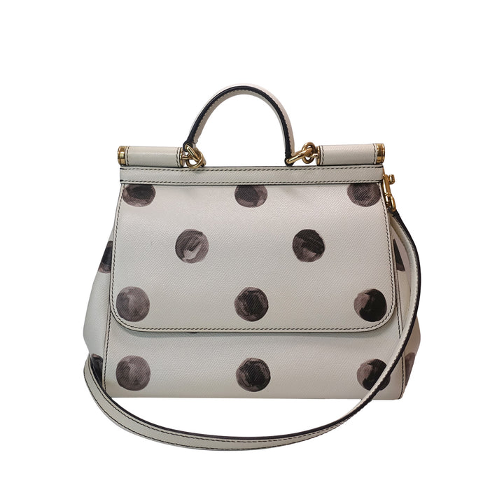 Dolce & Gabbana Medium Miss Sicily In White Black Polka Dot Leather Top Handle Bag