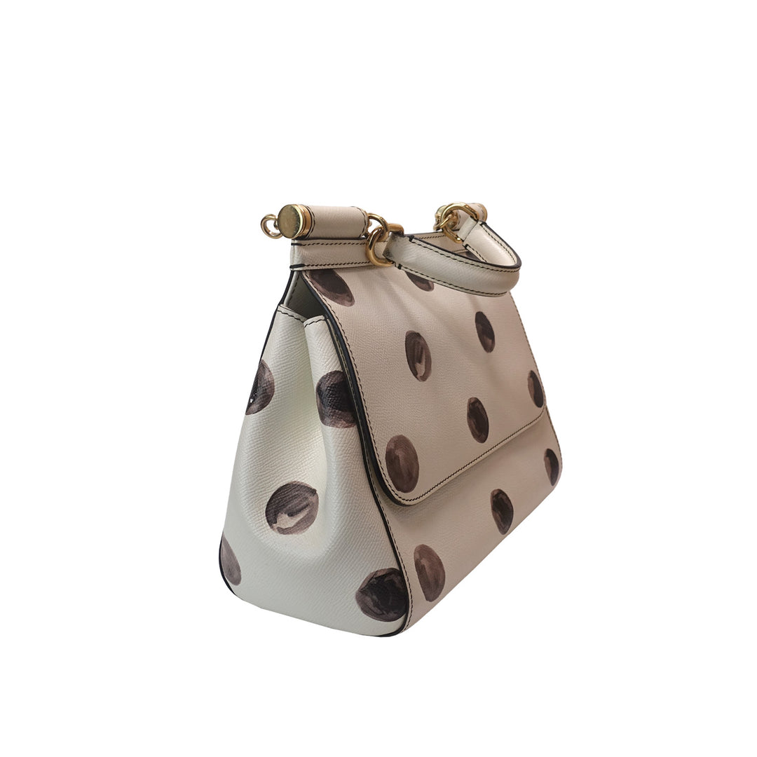 Dolce & Gabbana Medium Miss Sicily In White Black Polka Dot Leather Top Handle Bag