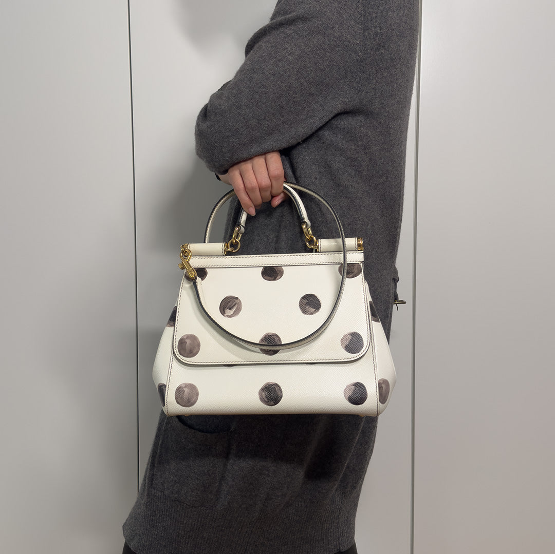 Dolce & Gabbana Medium Miss Sicily In White Black Polka Dot Leather Top Handle Bag