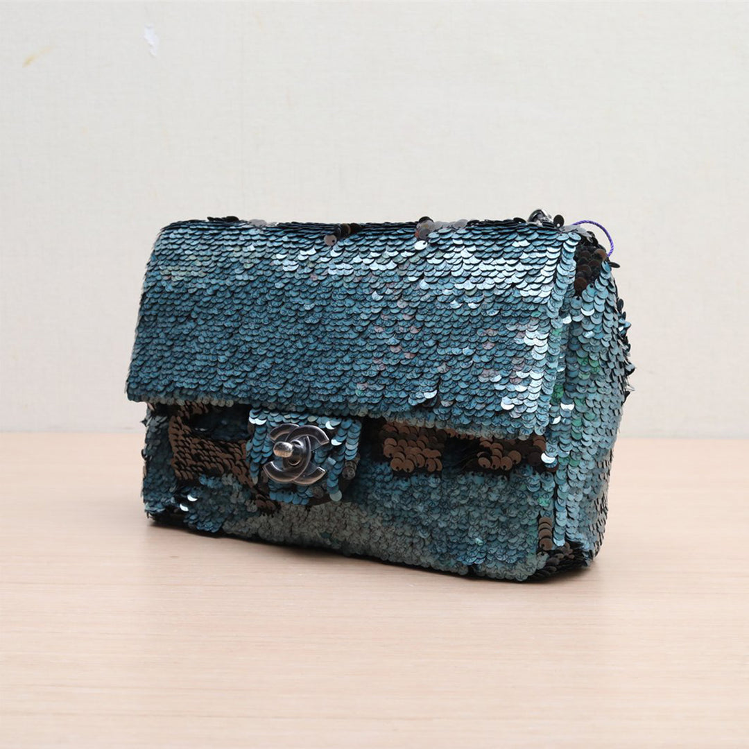 Chanel Sequin Lambskin Mini Flap Blue Black With Silver Hardware