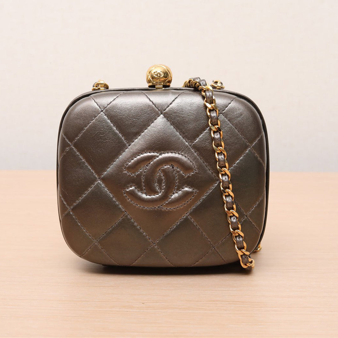 Chanel Metallic Grey Quilted Lambskin Timeless Square Clutch on Chain Gold Hardware