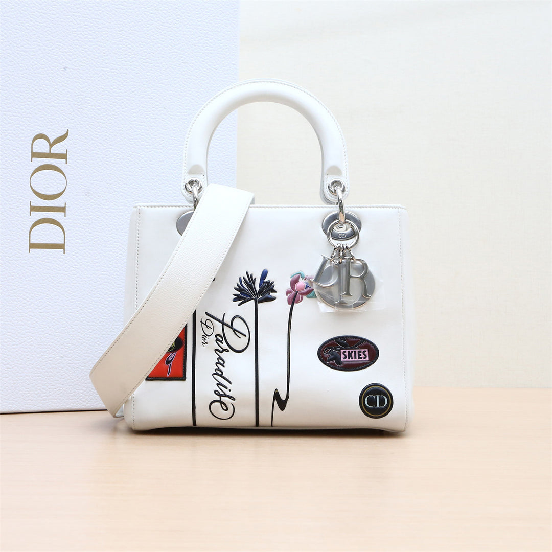 Dior White Medium Lambskin Paradise Lady Dior Satchel Bag