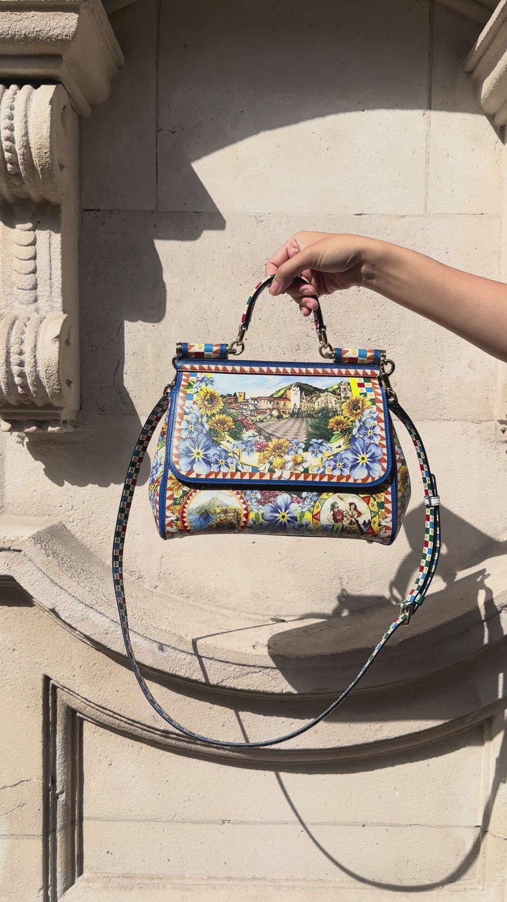 Video features the Dolce & Gabbana large Miss Sicily bag with top-handle and strap. 