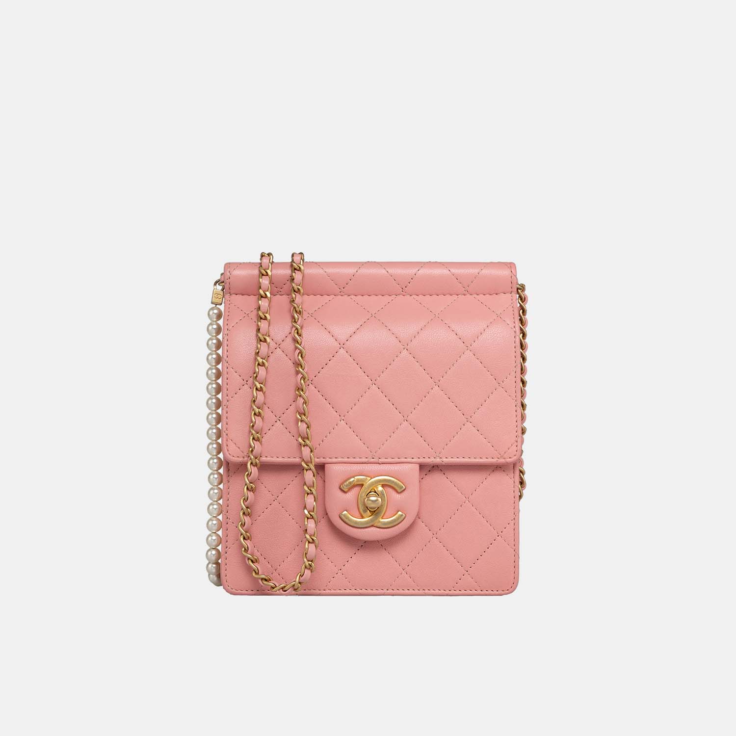Chanel Pink Vertical Pearls Clutch with Chic Pearl Chain and Gold