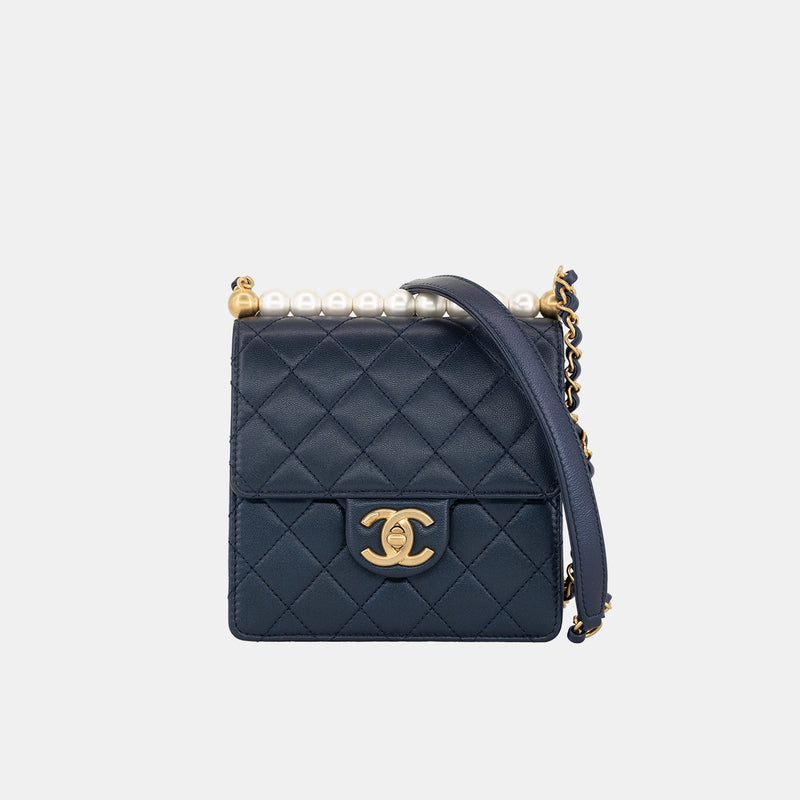 Chanel Navy Chic Pearls Small Flap Bag In Leather With Gold Hardware