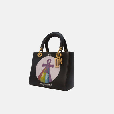 Dior Black Medium Lady D-lite Judgement Motherpeace Tarot Hand painted Leather Tote Bag