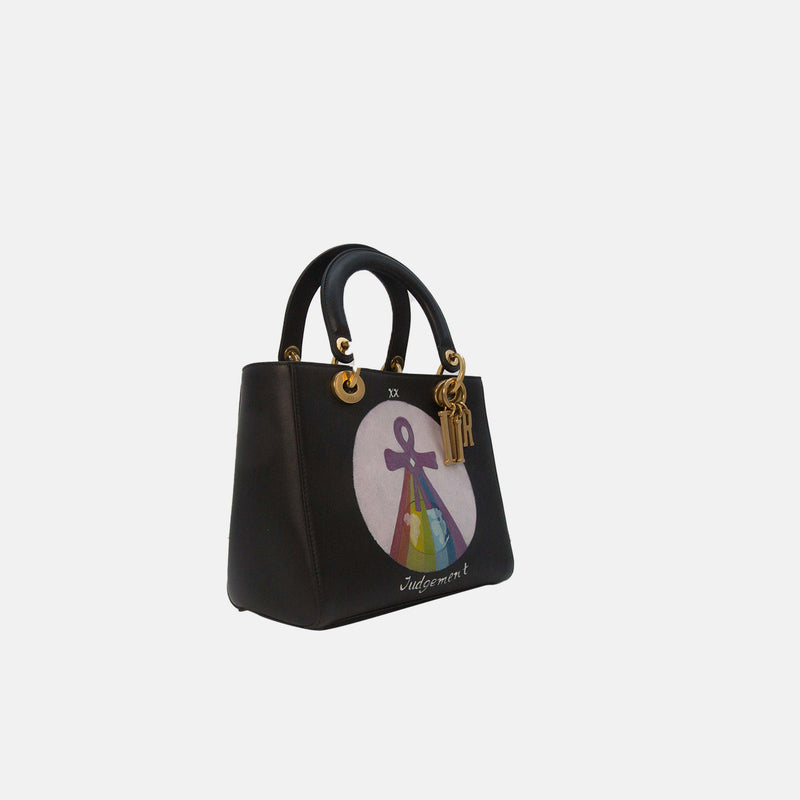 Dior Black Medium Lady D-lite Judgement Motherpeace Tarot Hand painted Leather Tote Bag