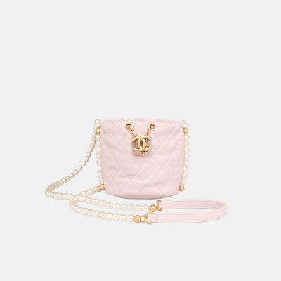 Chanel Quilted Pearl Chain Mini Drawstring Bucket Light Pink Bag