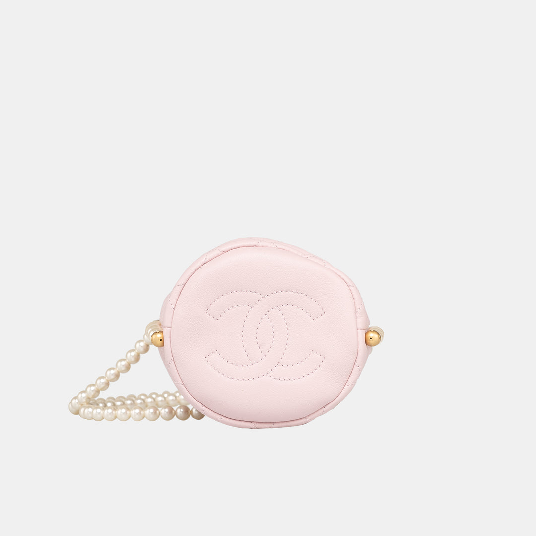 Chanel Quilted Pearl Chain Mini Drawstring Bucket Light Pink Bag