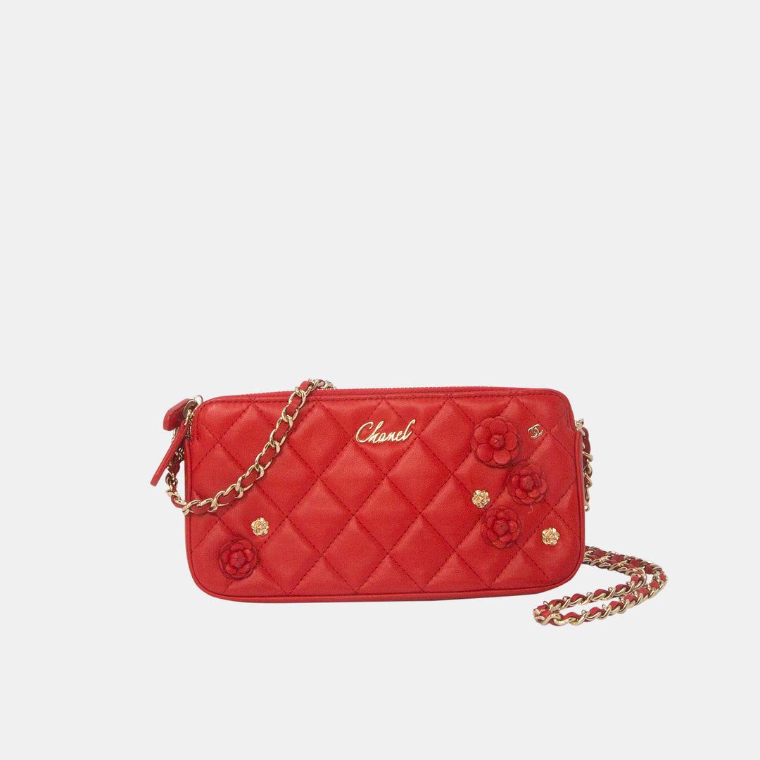 Chanel Small Red Camellia CC Charm Clutch With Chain