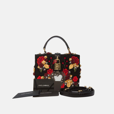 Dolce & Gabbana *Rare* Black Sacred Heart & Carnation Embroidered Box Bag
