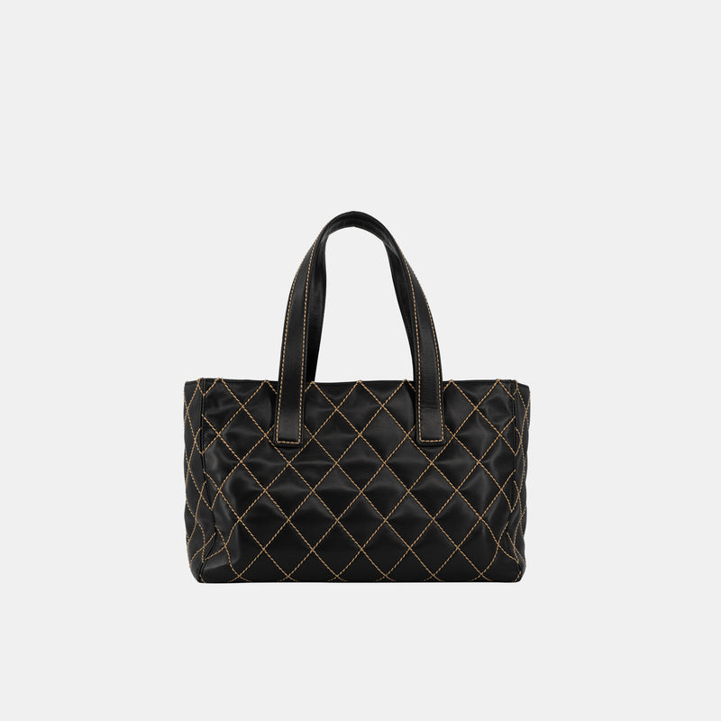 CHANEL Calf Skin Leather Wild Stitch Black Tote Bag Handbag #2455 Rise-on