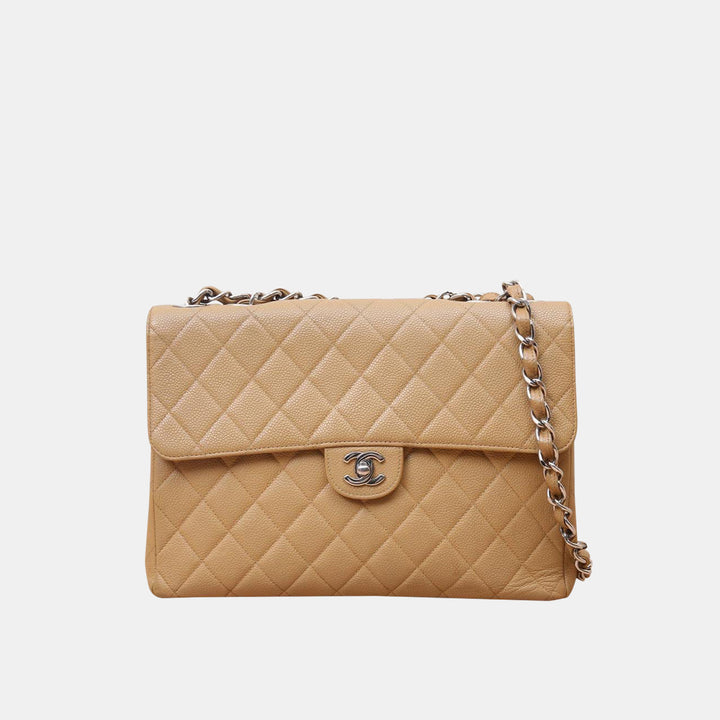 Vintage Chanel Beige Chain Jumbo Classic Quilted Flap Bag