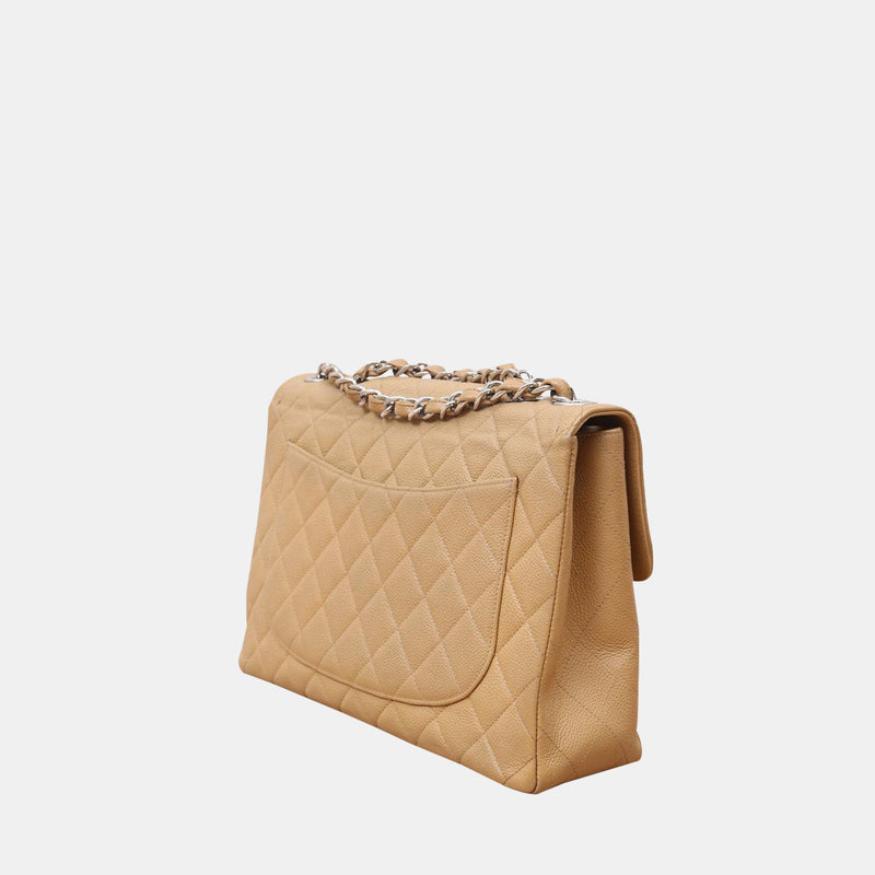 Vintage Chanel Beige Chain Jumbo Classic Quilted Flap Bag