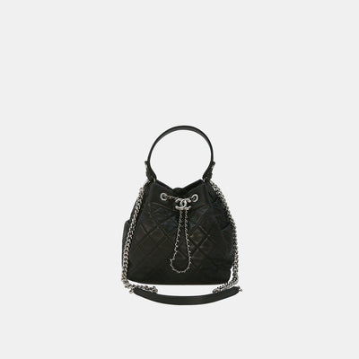 Chanel Black Quilted Drawstring Calfskin Leather Bucket Bag