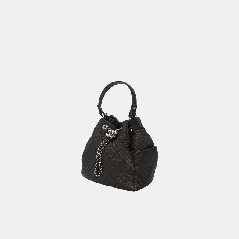 Chanel Black Quilted Drawstring Calfskin Leather Bucket Bag