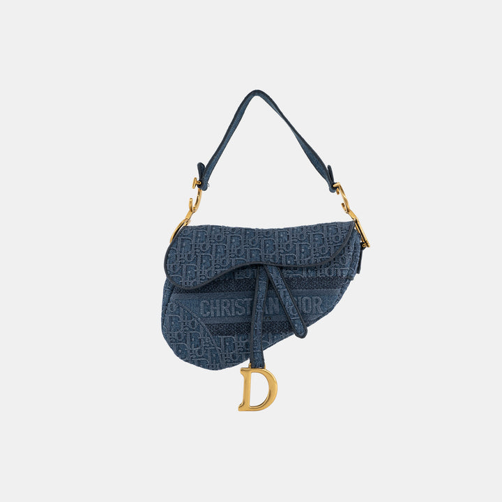Dior Oblique Embroidered Denim Blue Saddle Bag