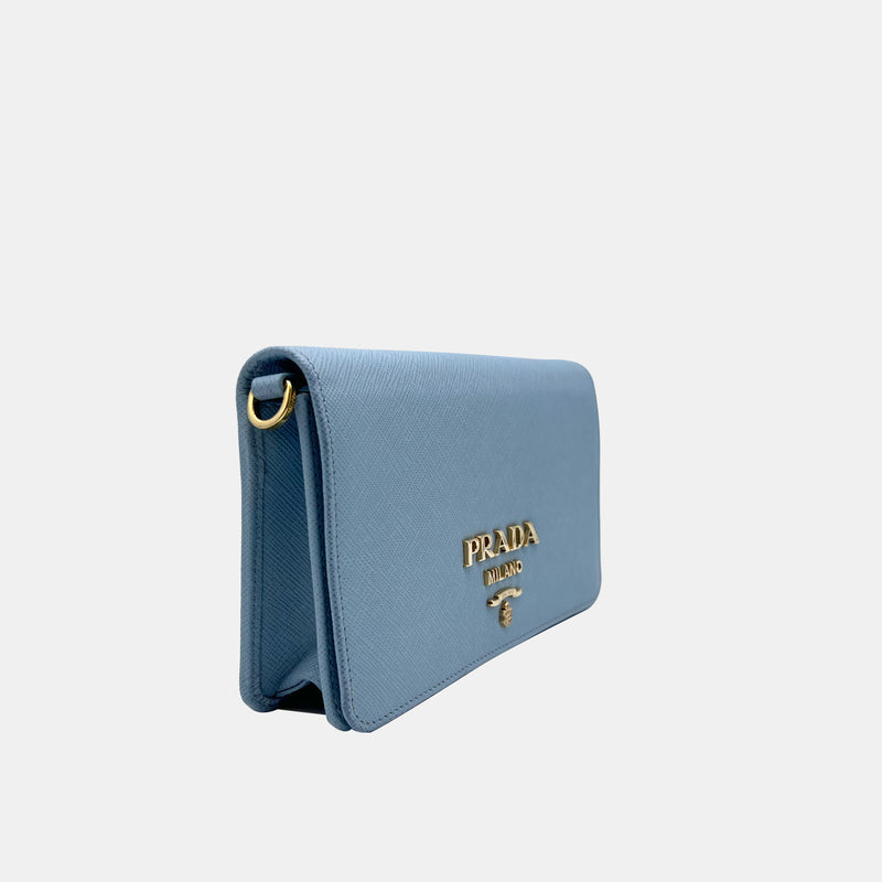 Prada Mini Saffiano Chain Wallet in Blue