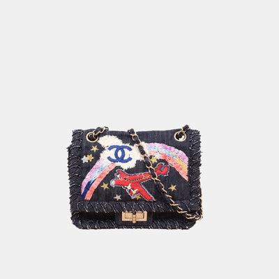 Chanel 2.55 Reissue Limited Edition Airplanes Over Rainbow Flap Blue Denim Shoulder Bag