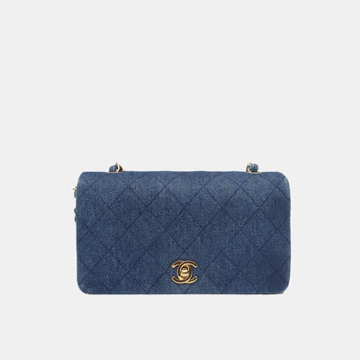 Chanel Vintage Blue Quilted Denim Mini Full Flap Gold Hardware