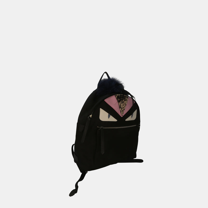 Fendi Monsters Fox-Fur Trim Twill Backpack In Black