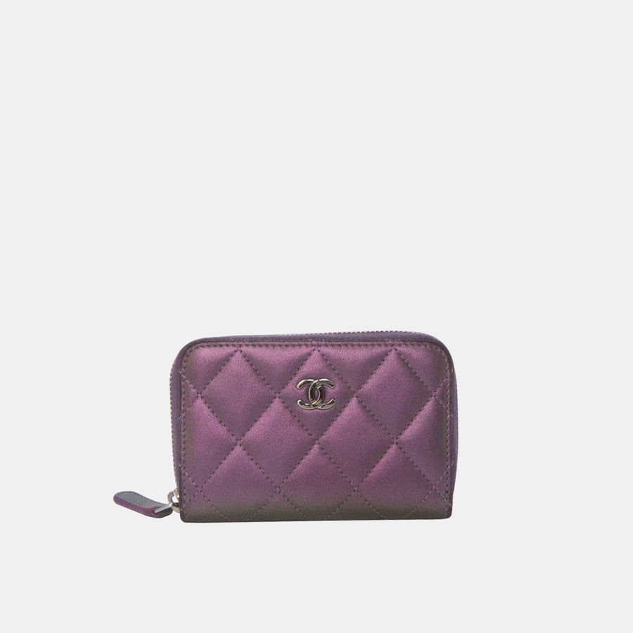 Chanel 2017-2018 Iridescent Purple Lambskin Quilted Zip Around Coin Wallet with Sliver Hardware