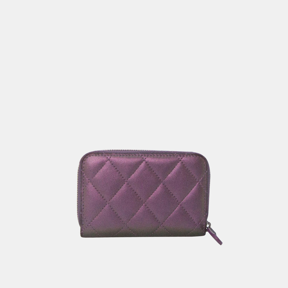 Chanel 2017-2018 Iridescent Purple Lambskin Quilted Zip Around Coin Wallet with Sliver Hardware